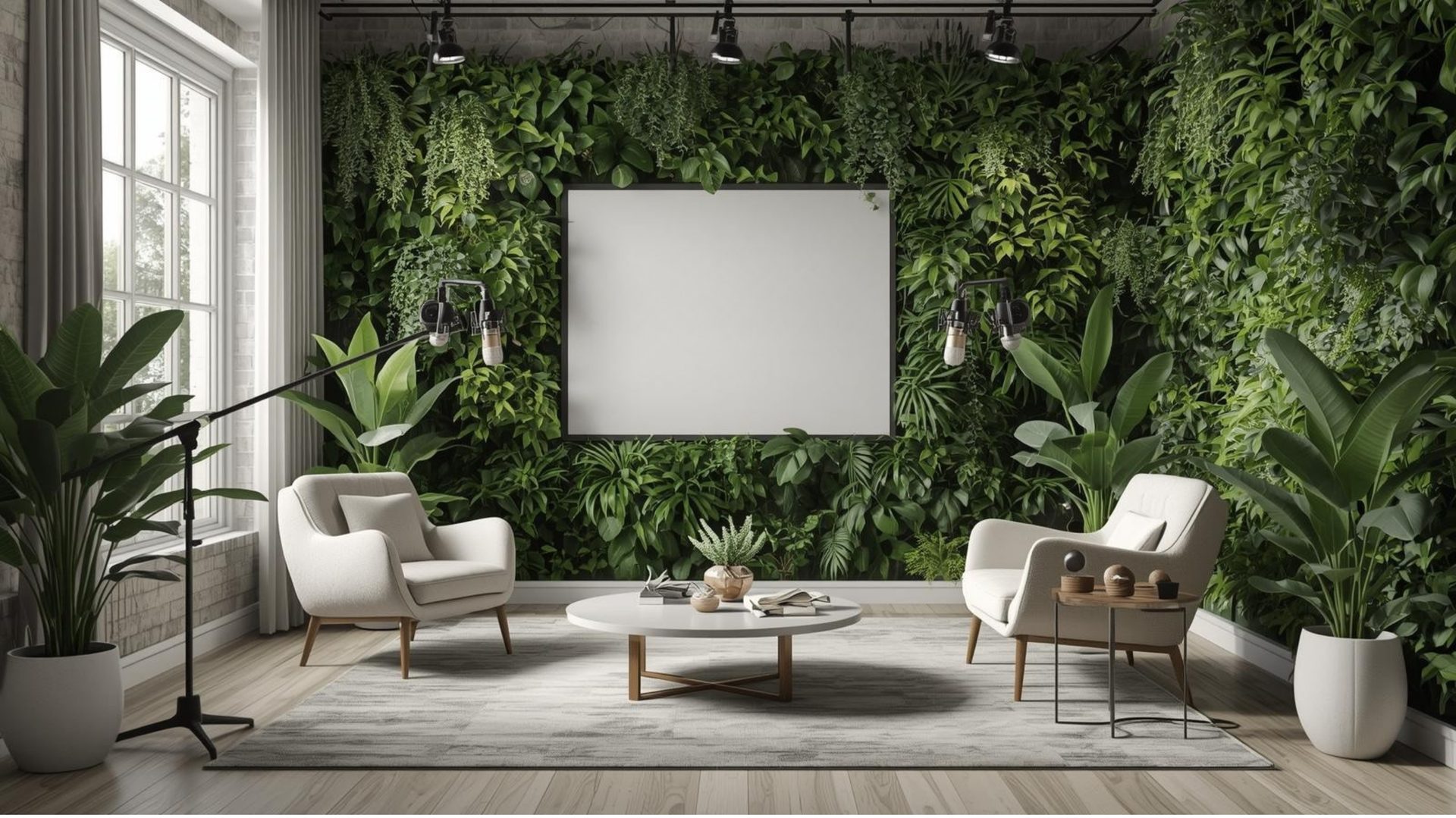 Studio podcast avec mur végétal luxuriant